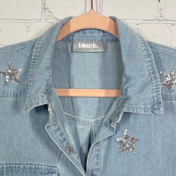 Cowgirl Shirt Women Large Cotton Snap Button Chambray Sequin Western Chic Top - Picture 5 of 13